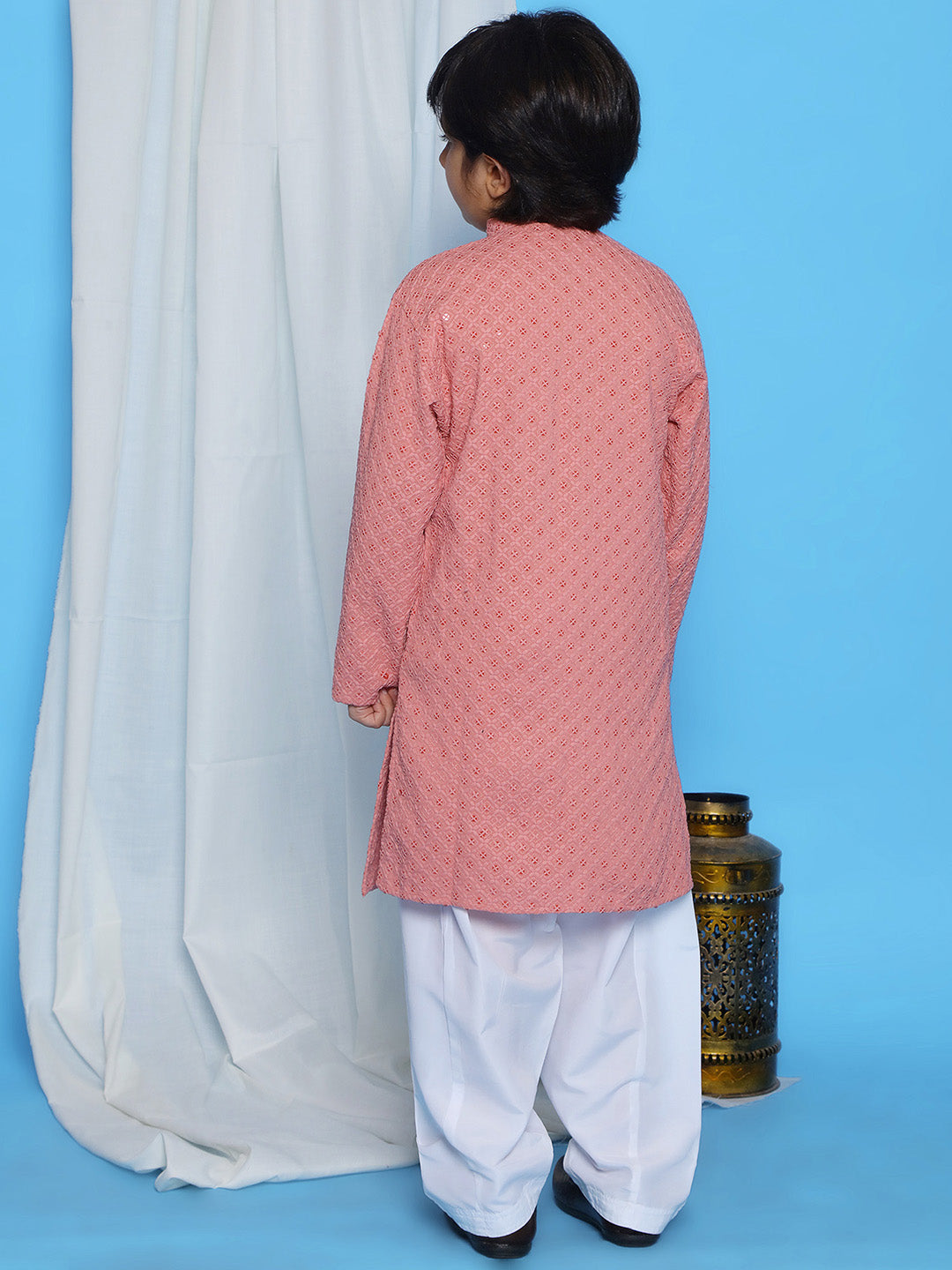 Peach Sequence Embroidery Cotton Blend Kurta Pyjama With Maroon Dupatta Set For Boys