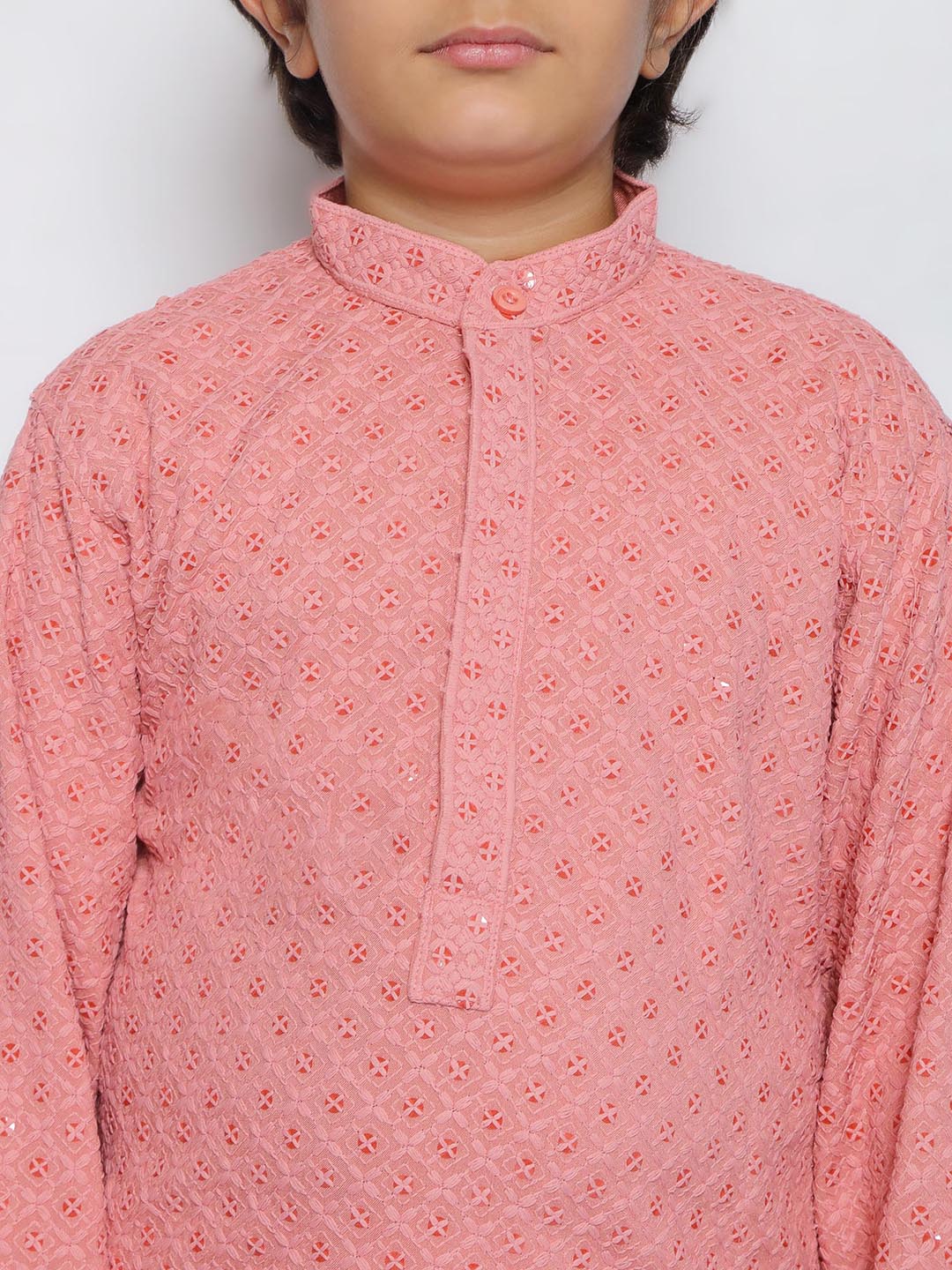 Peach Sequence Embroidery Cotton Blend Kurta Pyjama With Maroon Dupatta Set For Boys