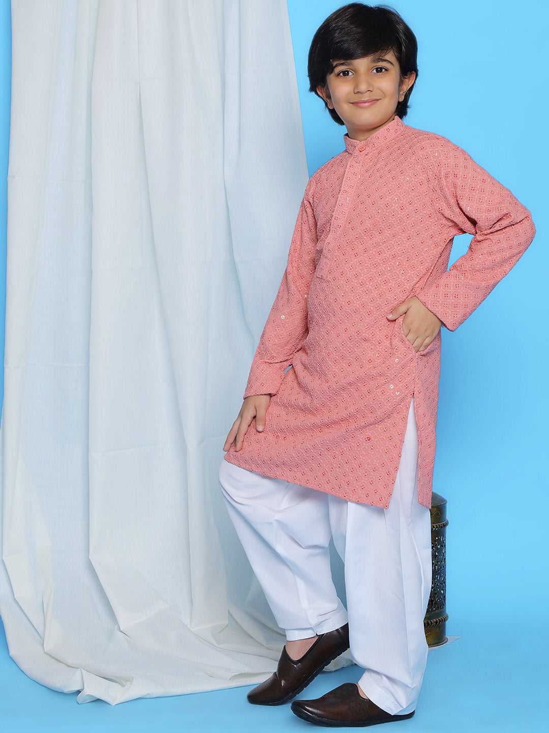 Peach Sequence Embroidery Cotton Blend Kurta Pyjama With Maroon Dupatta Set For Boys