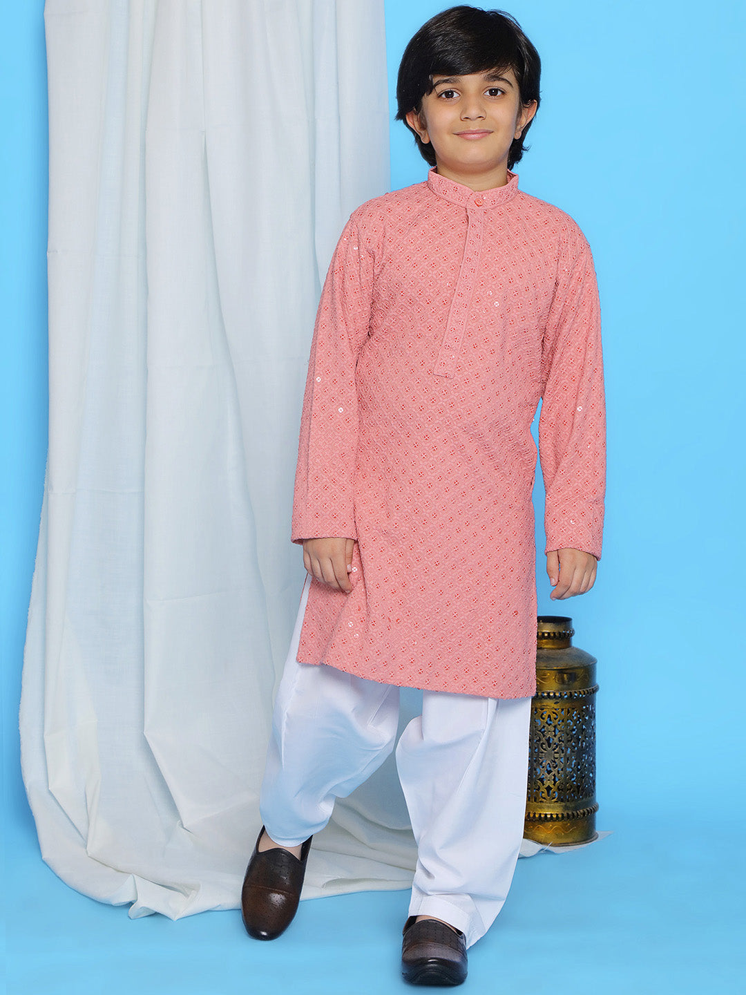 Peach Sequence Embroidery Cotton Blend Kurta Pyjama With Maroon Dupatta Set For Boys