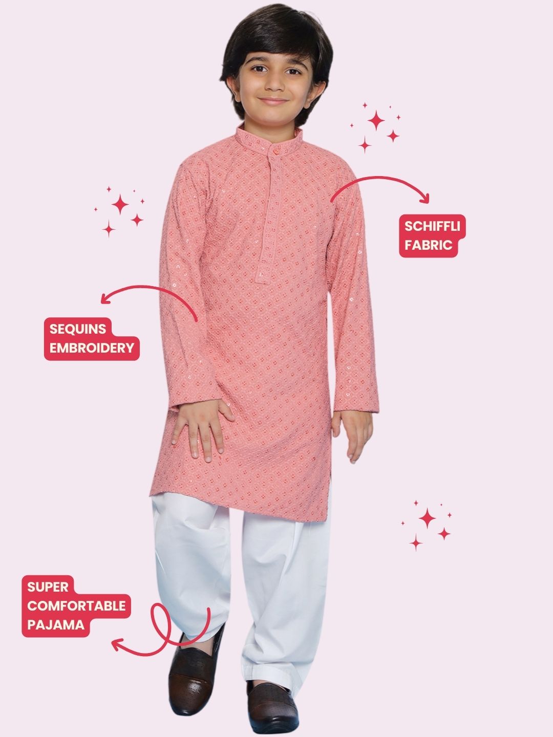 PEACH Schiffli Full sleeves Embroidered Kurta Pyjama Set for Boys - AJ Dezines