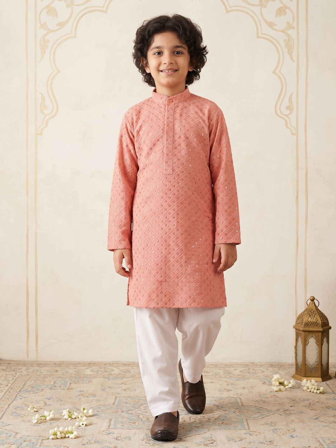 PEACH Schiffli Full sleeves Embroidered Kurta Pyjama Set for Boys - AJ Dezines