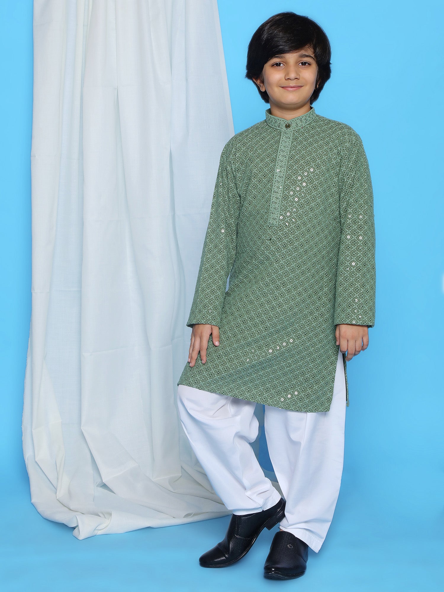 Pista Schiffli Full Sleeves Embroidered Kurta Pyjama Set For Boys - AJ Dezines
