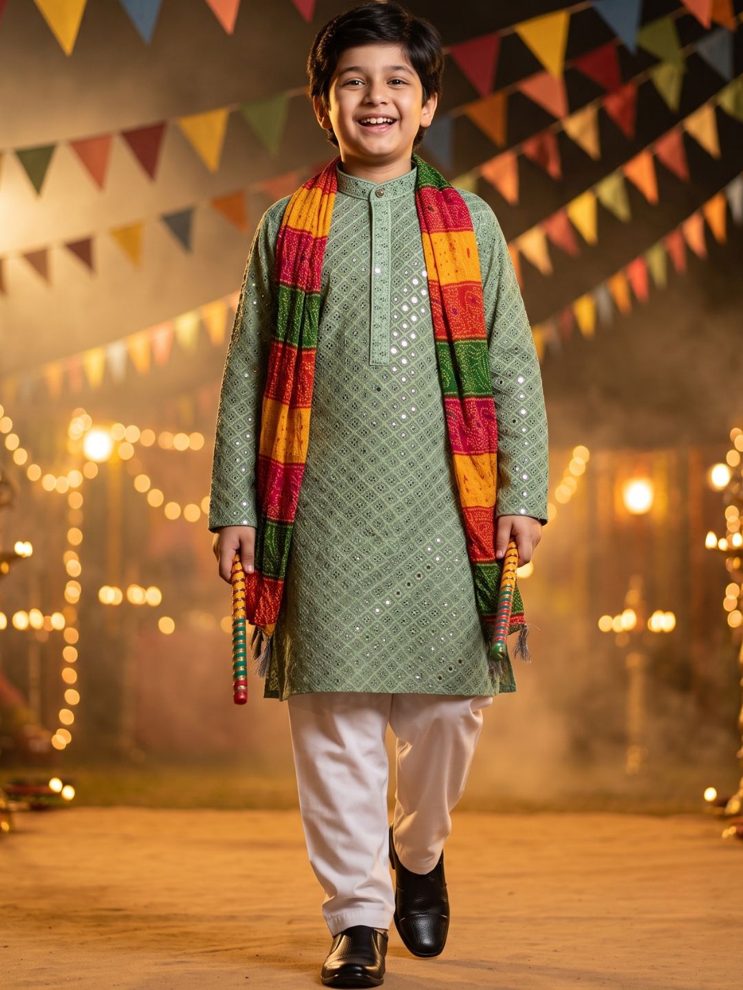 Pista Green Sequence Embroidery Cotton Blend Kurta Pyjama With Multicolor Dupatta Set For Boys