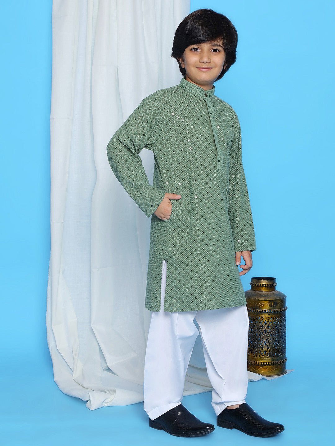 Pista Green Sequence Embroidery Cotton Blend Kurta Pyjama With Multicolor Dupatta Set For Boys
