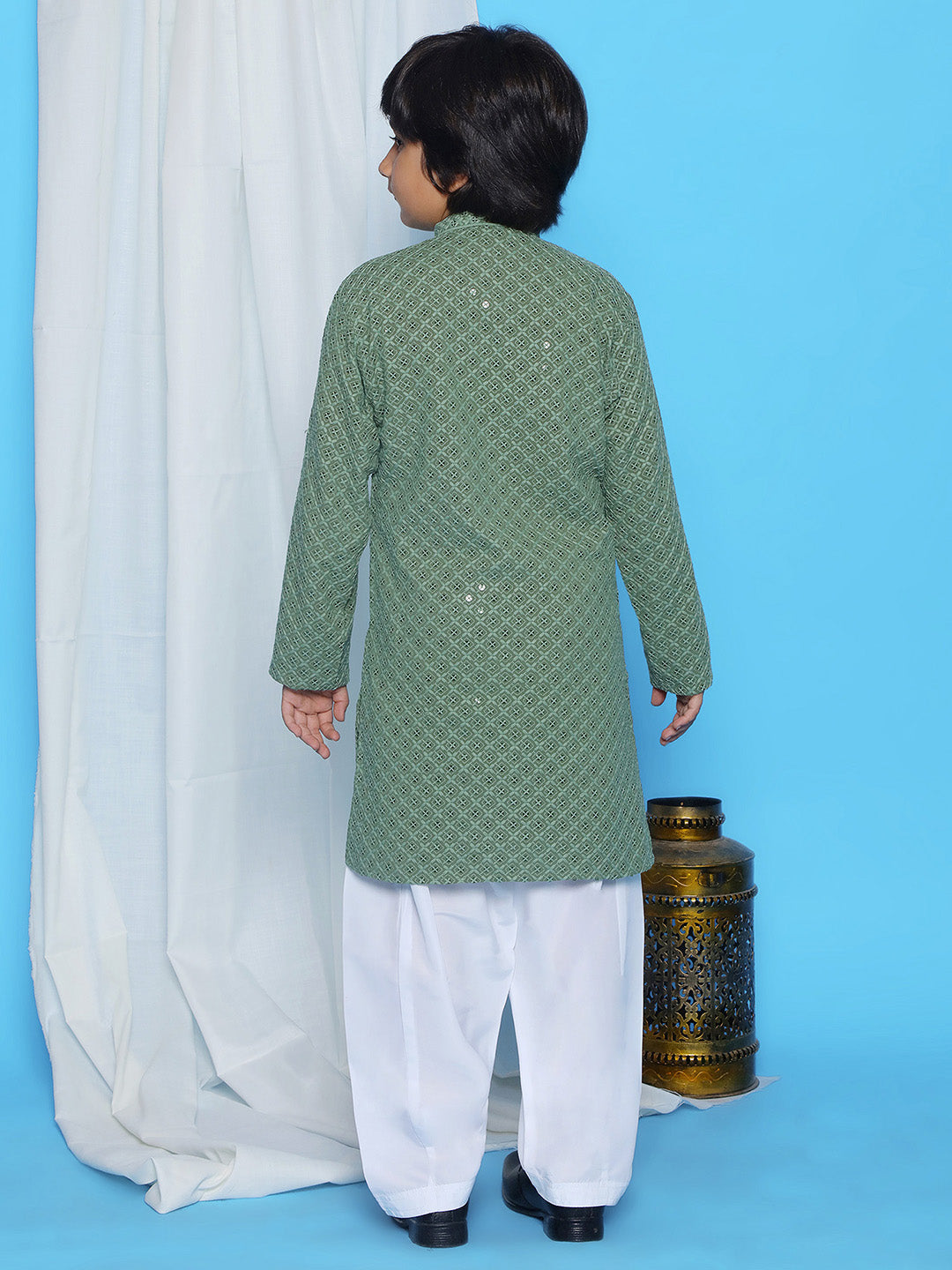 Pista Green Sequence Embroidery Cotton Blend Kurta Pyjama With Multicolor Dupatta Set For Boys