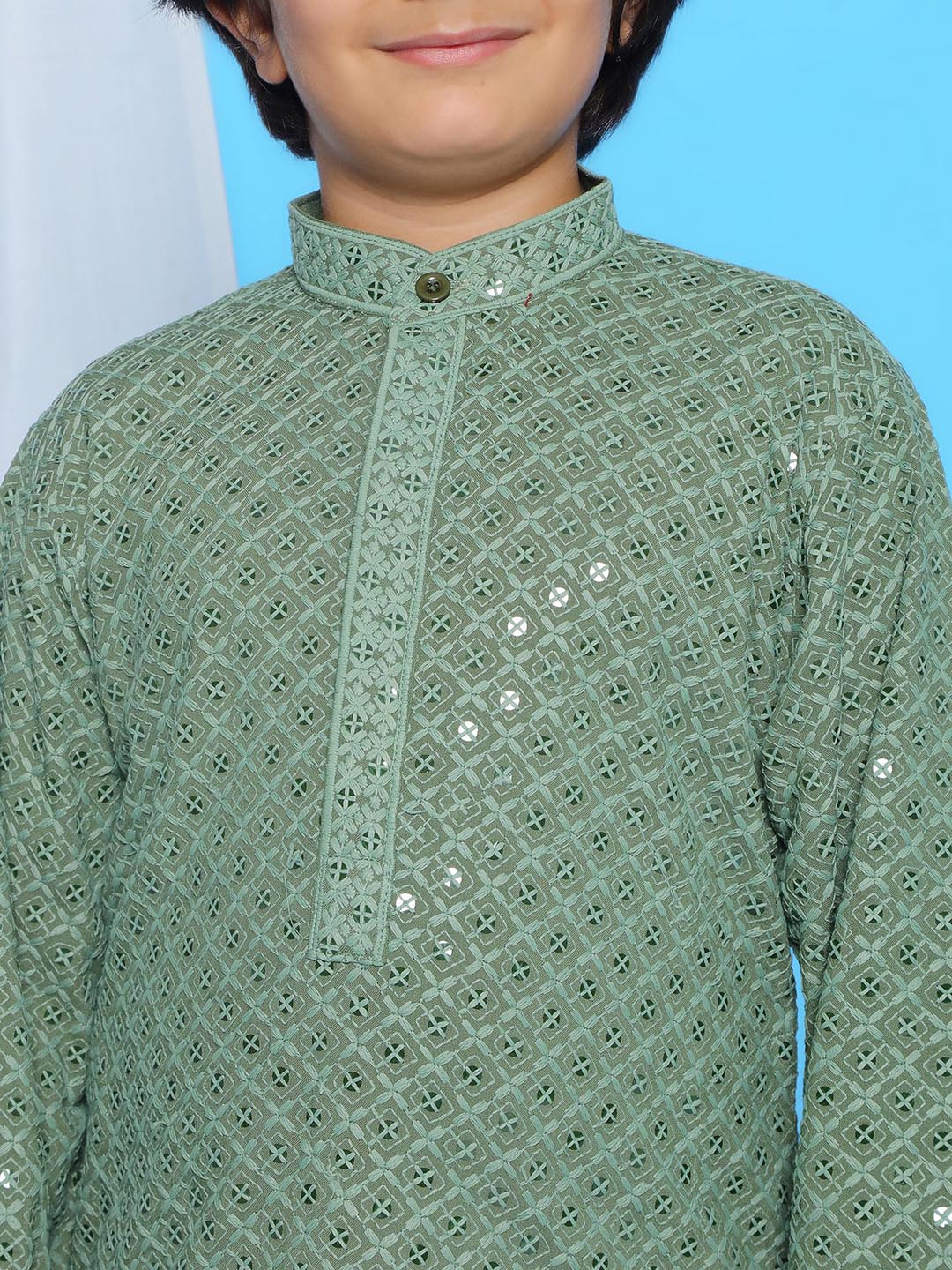 Pista Green Sequence Embroidery Cotton Blend Kurta Pyjama With Multicolor Dupatta Set For Boys