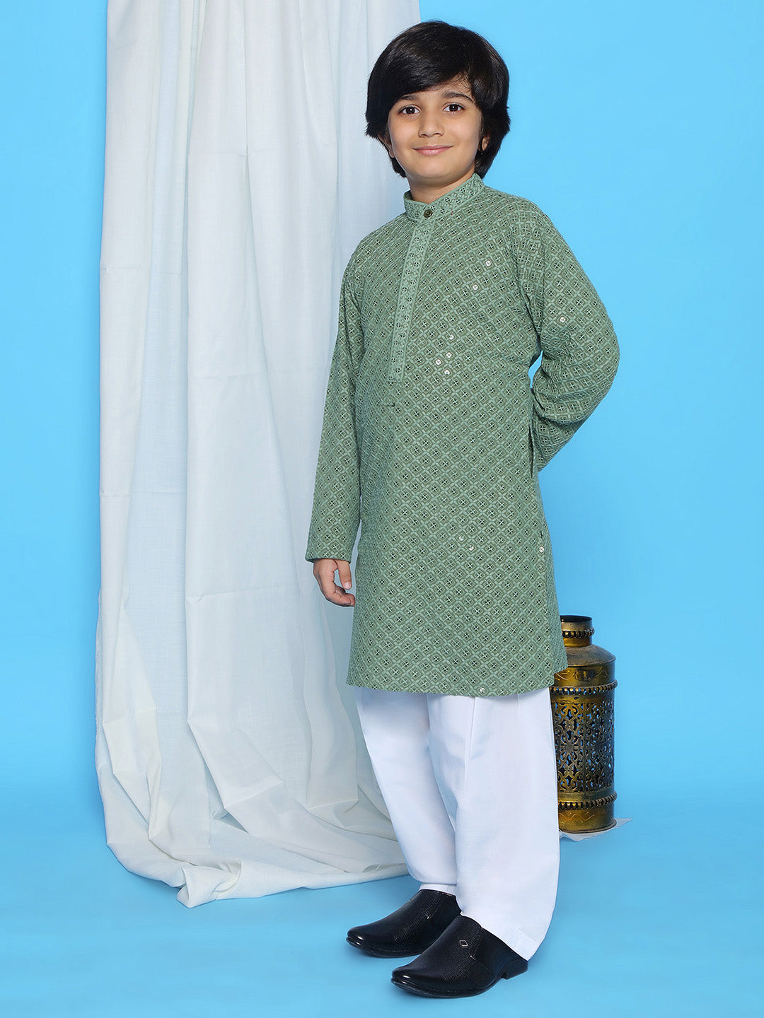 Pista Green Sequence Embroidery Cotton Blend Kurta Pyjama With Multicolor Dupatta Set For Boys