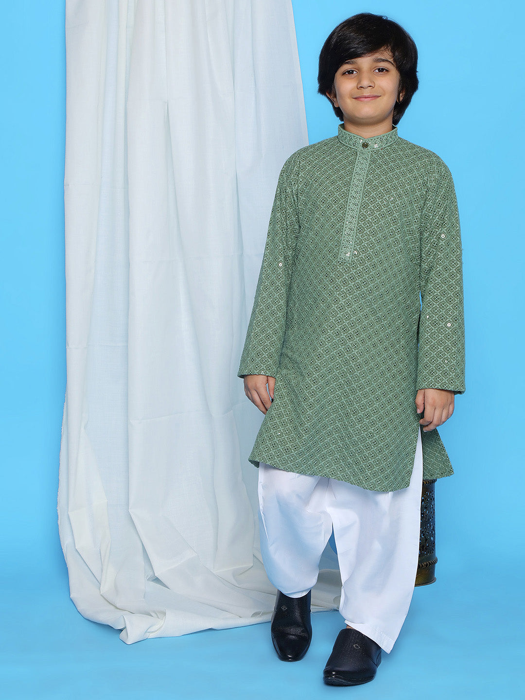 Pista Green Sequence Embroidery Cotton Blend Kurta Pyjama With Multicolor Dupatta Set For Boys