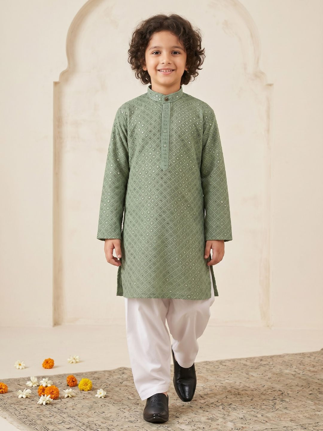 Pista Schiffli Full Sleeves Embroidered Kurta Pyjama Set For Boys - AJ Dezines