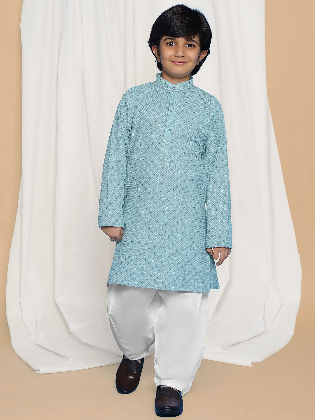 BLUE Schiffli Full sleeves Embroidered Kurta Pyjama Set for Boys - AJ Dezines