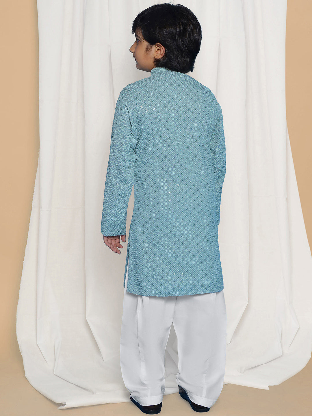 BLUE Schiffli Full sleeves Embroidered Kurta Pyjama Set for Boys - AJ Dezines