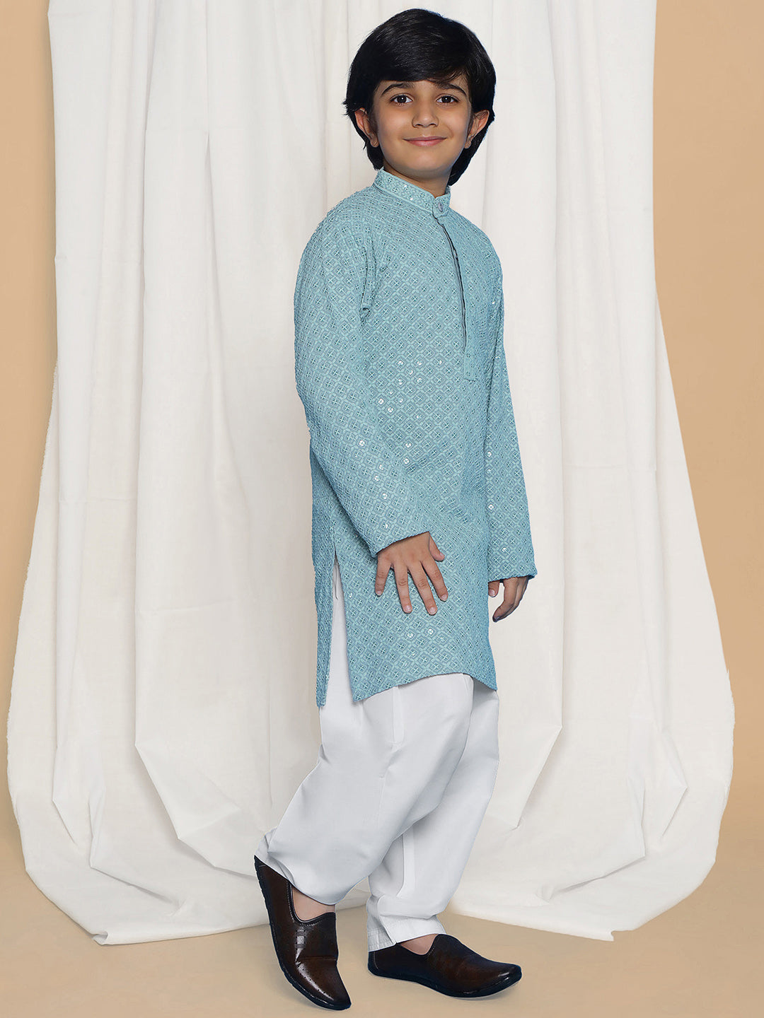 BLUE Schiffli Full sleeves Embroidered Kurta Pyjama Set for Boys - AJ Dezines