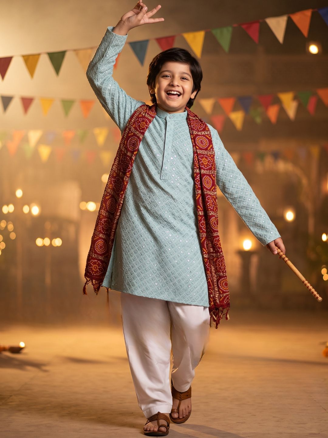 Powder Blue Sequence Embroidery Cotton Blend Kurta Pyjama With Red Dupatta Set For Boys