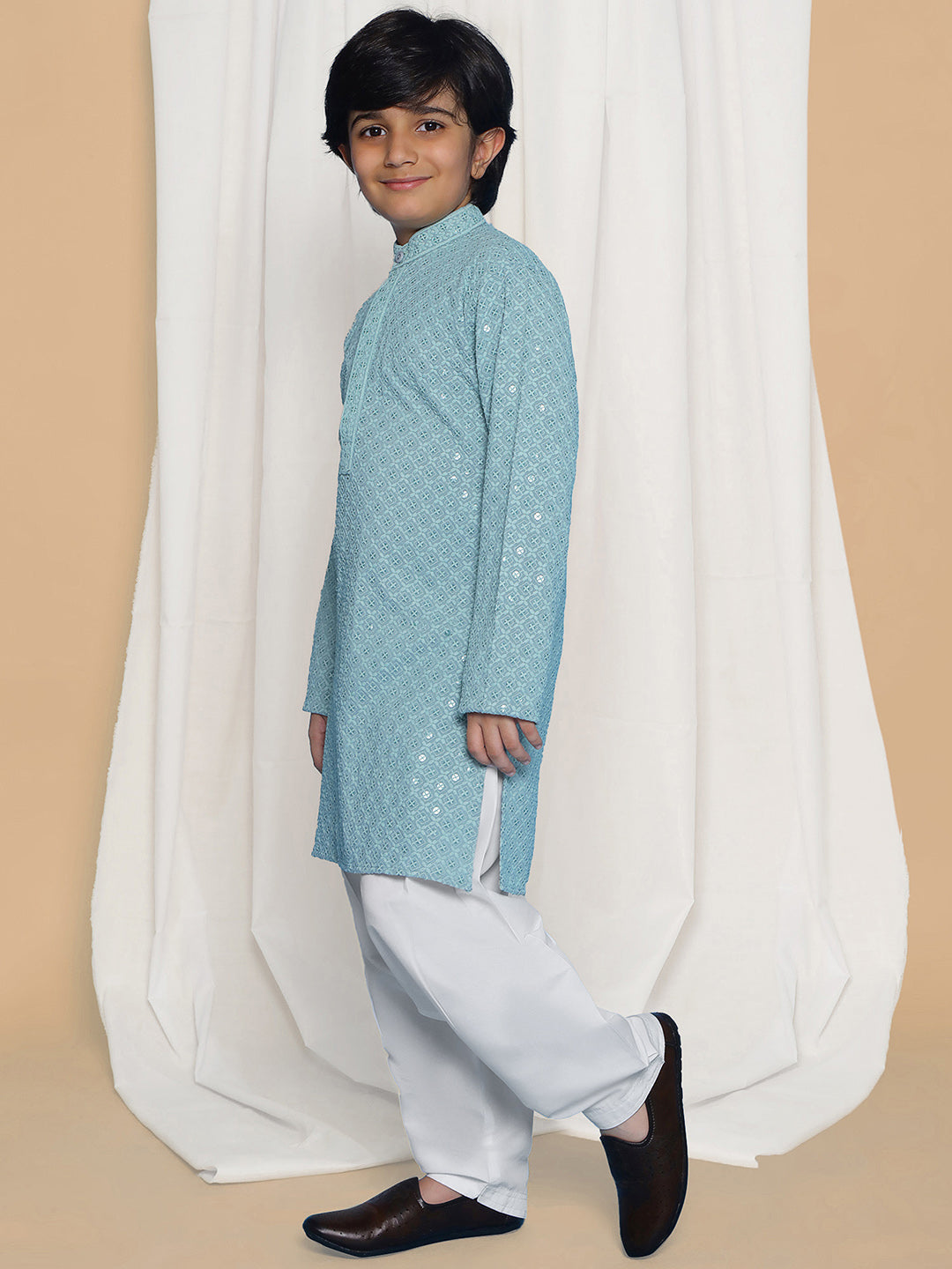 Powder Blue Sequence Embroidery Cotton Blend Kurta Pyjama With Red Dupatta Set For Boys