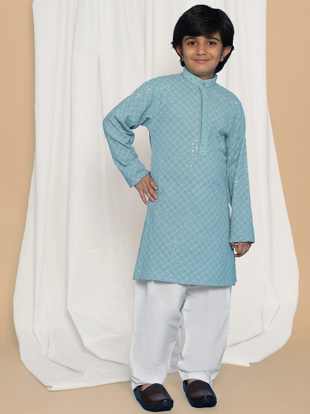 Powder Blue Sequence Embroidery Cotton Blend Kurta Pyjama With Red Dupatta Set For Boys
