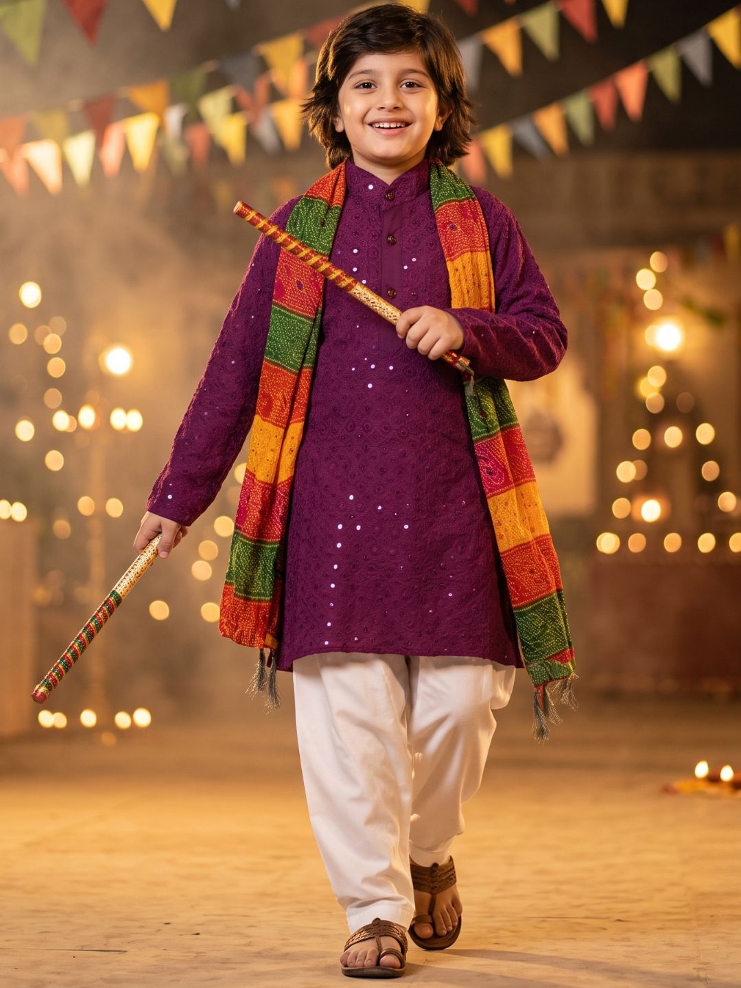 Purple Sequence Embroidery Cotton Blend Kurta Pyjama With Multicolor Dupatta Set For Boys