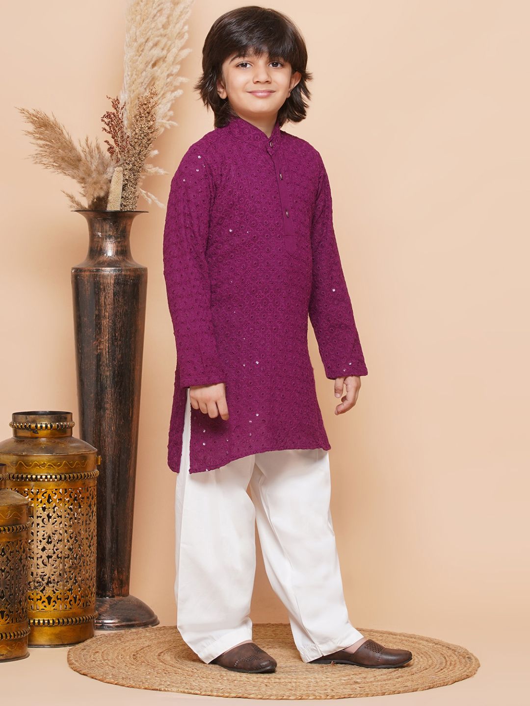 Purple Sequence Embroidery Cotton Blend Kurta Pyjama With Multicolor Dupatta Set For Boys