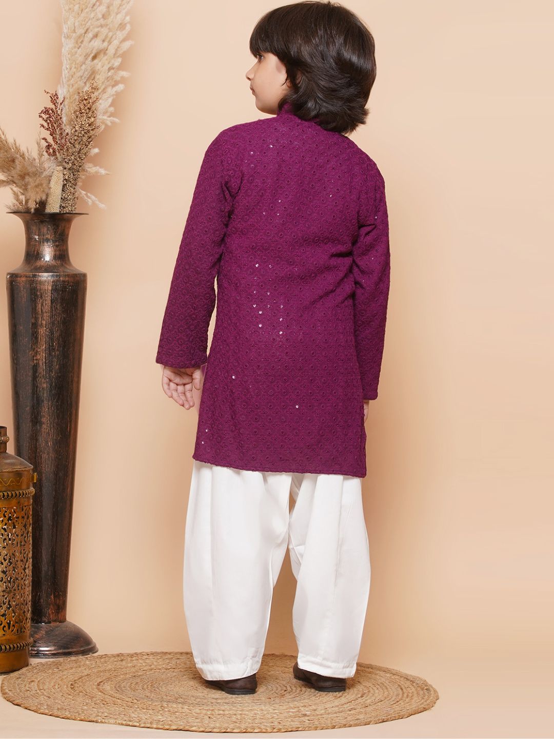 Purple Sequence Embroidery Cotton Blend Kurta Pyjama With Multicolor Dupatta Set For Boys