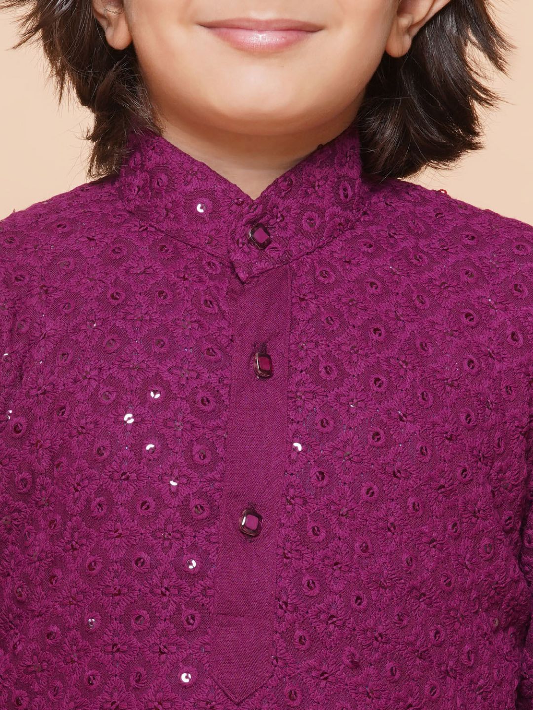 Purple Sequence Embroidery Cotton Blend Kurta Pyjama With Multicolor Dupatta Set For Boys