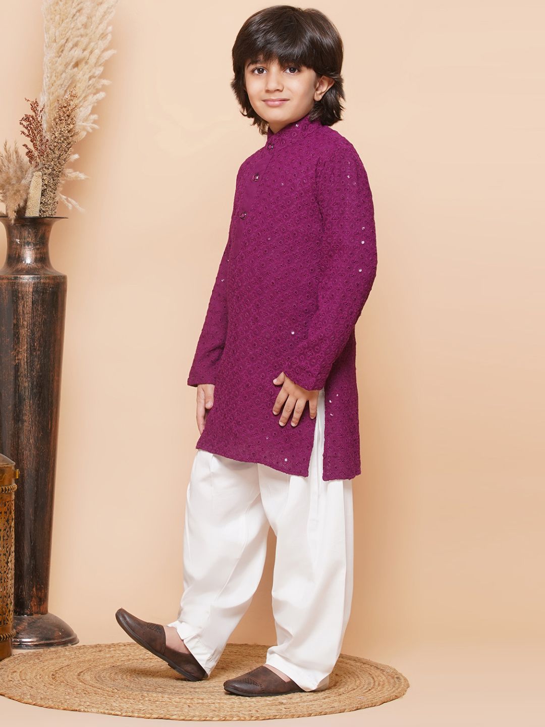 Purple Sequence Embroidery Cotton Blend Kurta Pyjama With Multicolor Dupatta Set For Boys