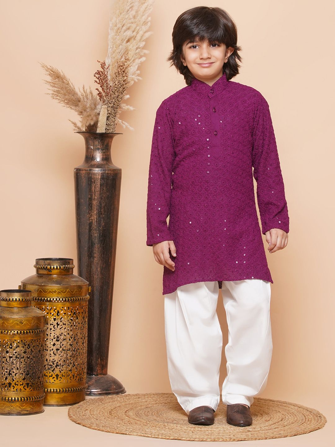 Purple Sequence Embroidery Cotton Blend Kurta Pyjama With Multicolor Dupatta Set For Boys