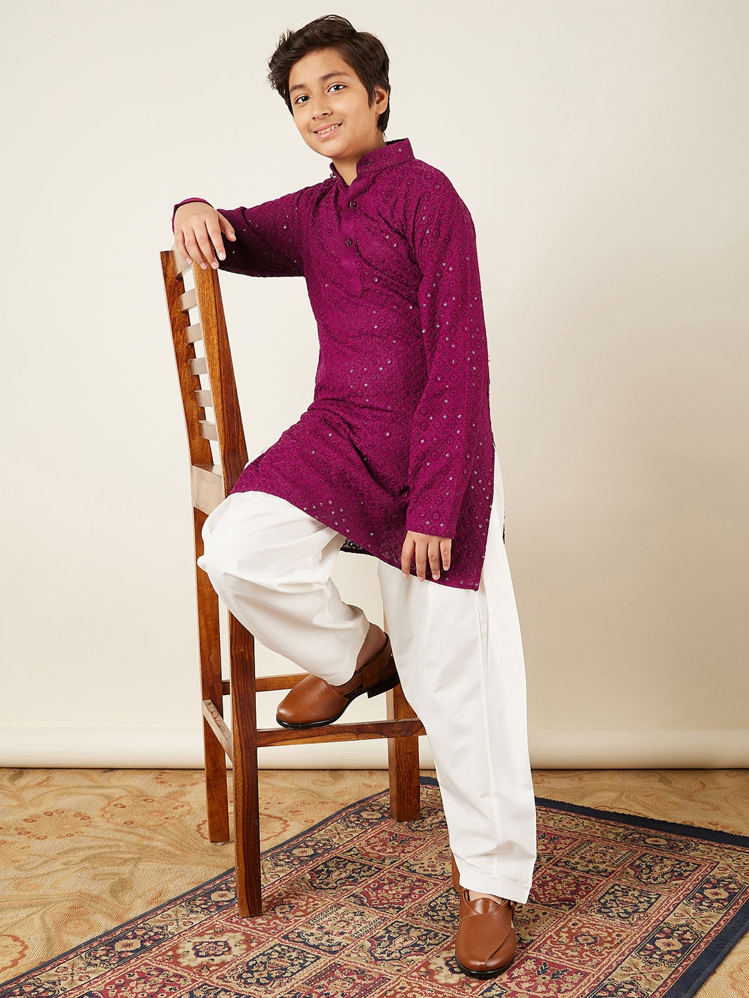 Kids Boys Purple Embroidered Schiffli Kurta Pyjama Set - AJ Dezines