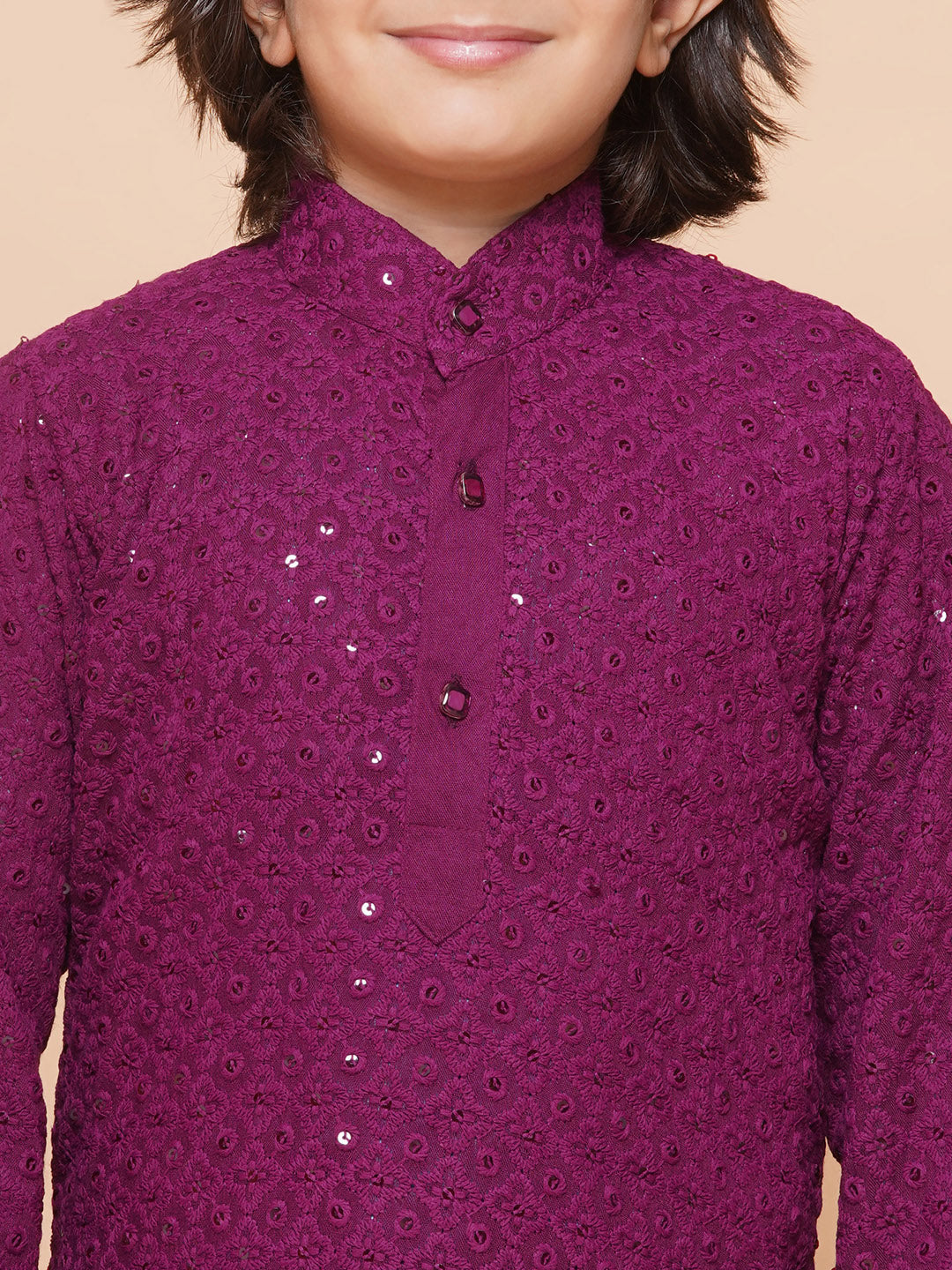 Kids Boys Purple Embroidered Schiffli Kurta Pyjama Set - AJ Dezines