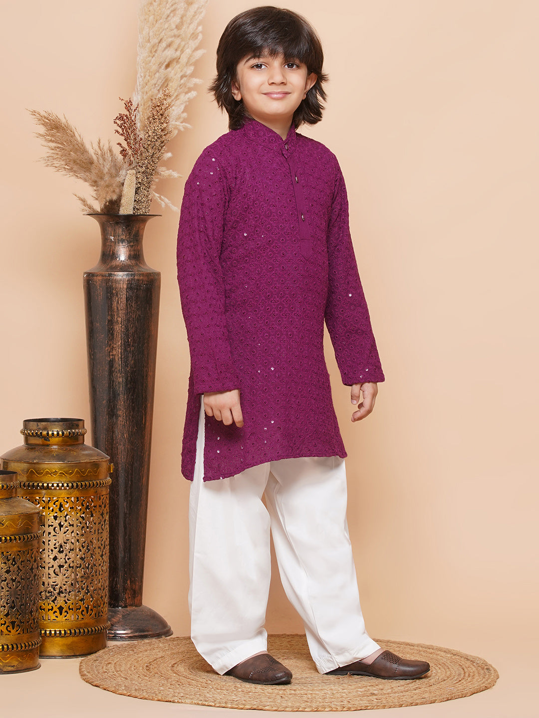 Kids Boys Purple Embroidered Schiffli Kurta Pyjama Set - AJ Dezines