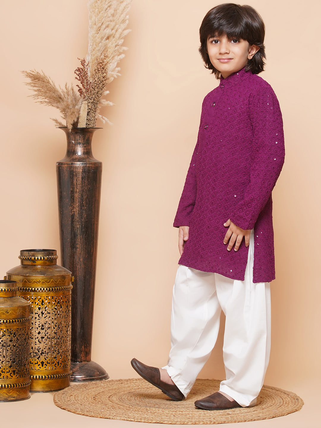 Kids Boys Purple Embroidered Schiffli Kurta Pyjama Set - AJ Dezines
