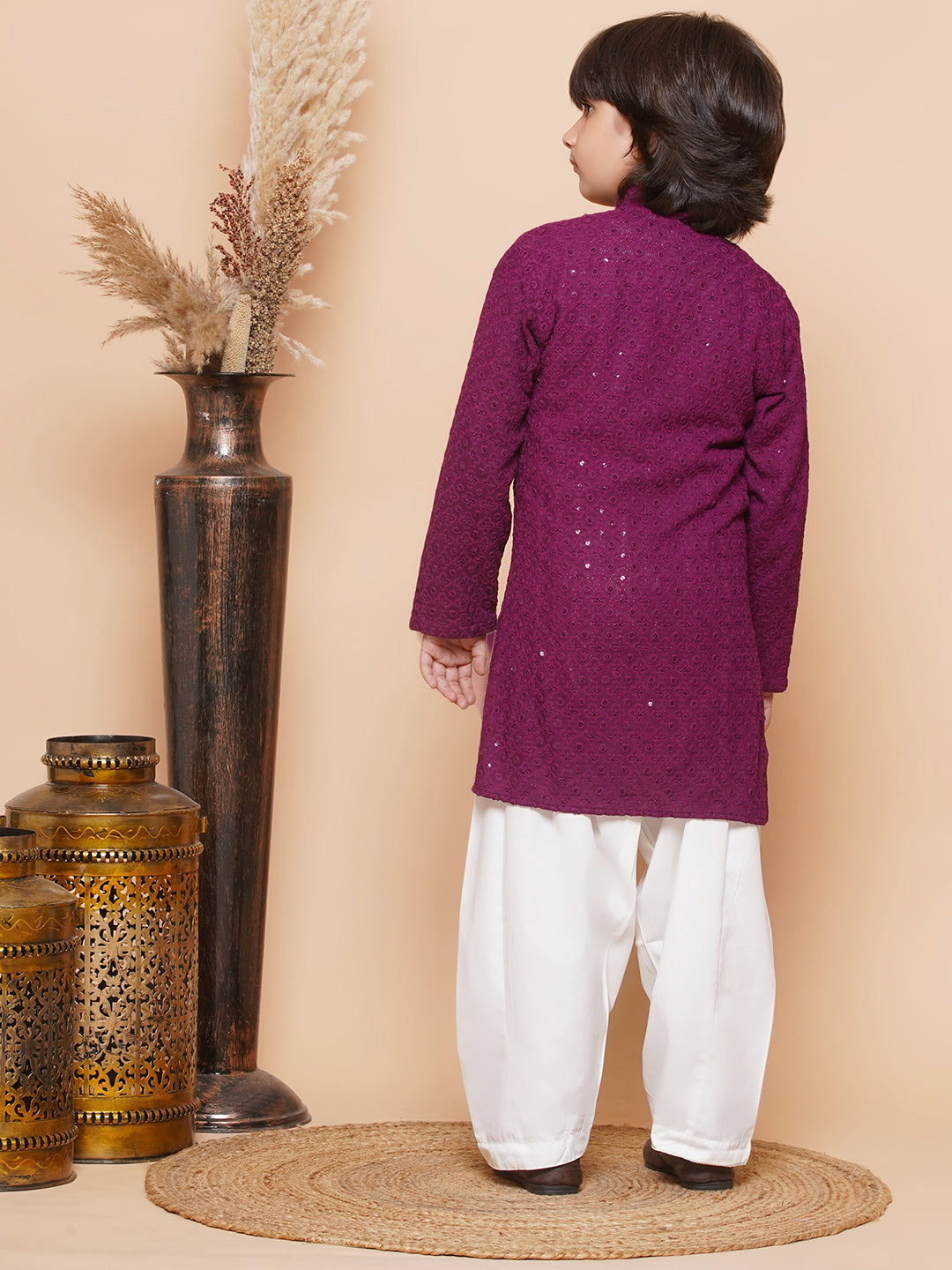 Kids Boys Purple Embroidered Schiffli Kurta Pyjama Set - AJ Dezines