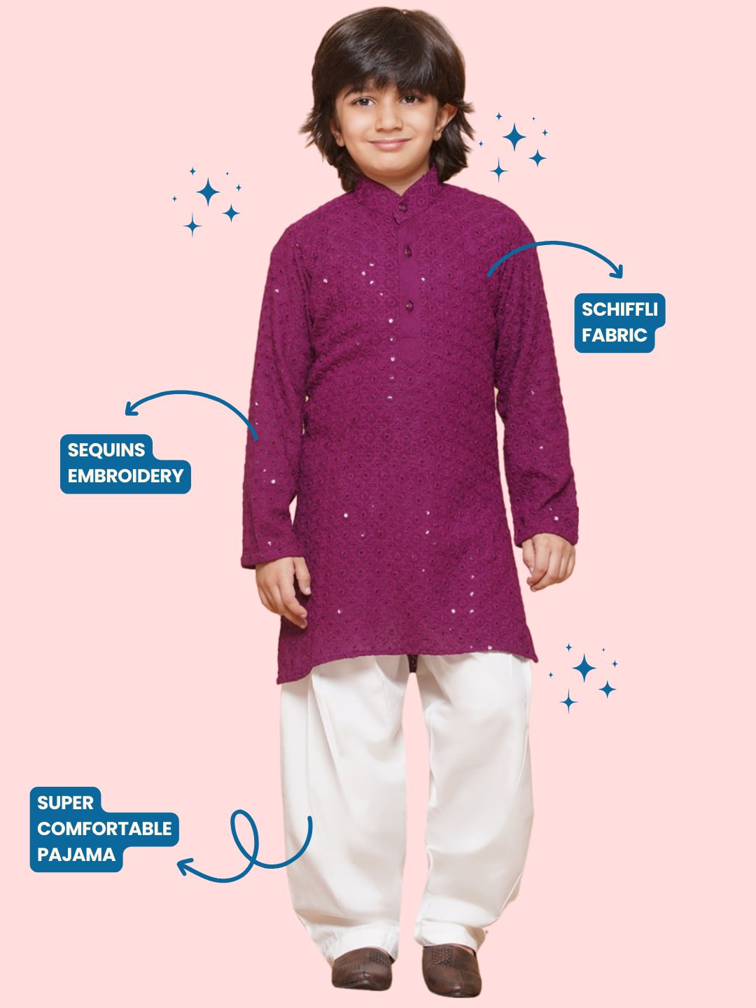 Kids Boys Purple Embroidered Schiffli Kurta Pyjama Set - AJ Dezines