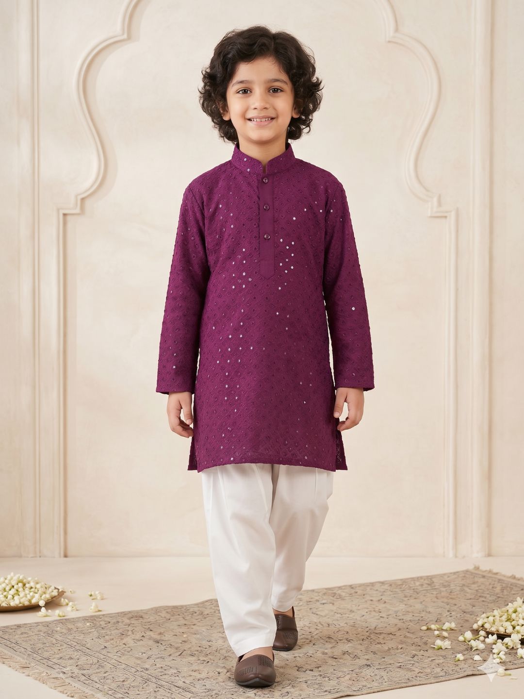Kids Boys Purple Embroidered Schiffli Kurta Pyjama Set - AJ Dezines