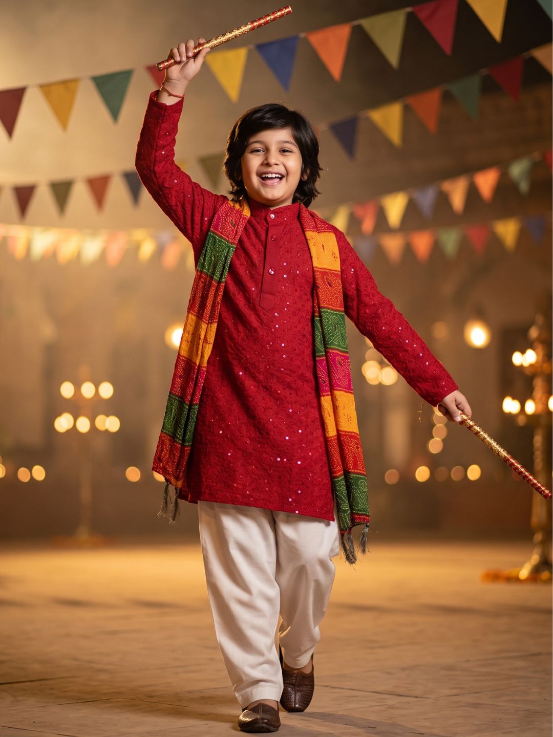Red Sequence Embroidery Cotton Blend Kurta Pyjama With Multicolor Dupatta Set For Boys