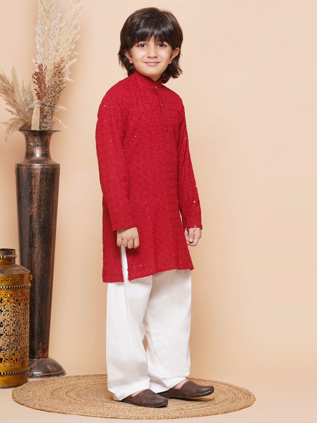 Red Sequence Embroidery Cotton Blend Kurta Pyjama With Multicolor Dupatta Set For Boys