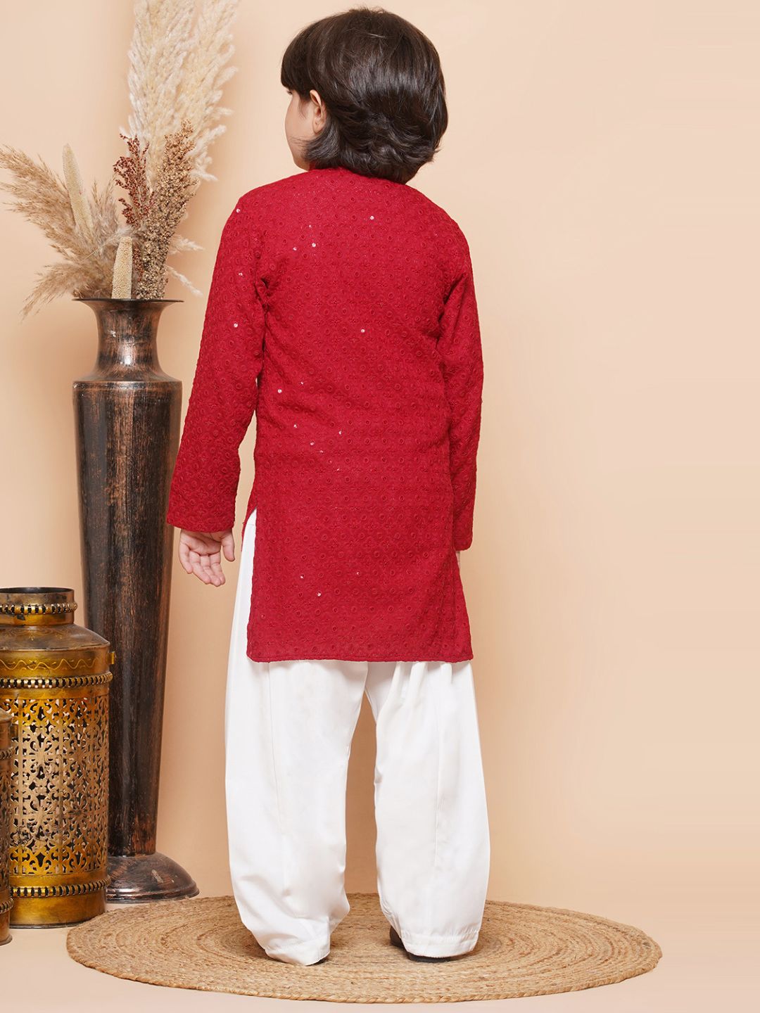 Red Sequence Embroidery Cotton Blend Kurta Pyjama With Multicolor Dupatta Set For Boys