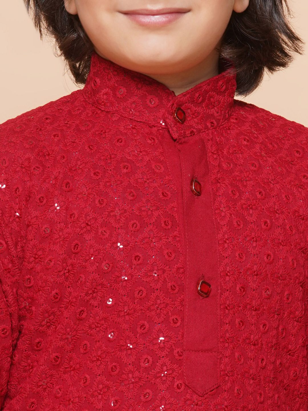 Red Sequence Embroidery Cotton Blend Kurta Pyjama With Multicolor Dupatta Set For Boys