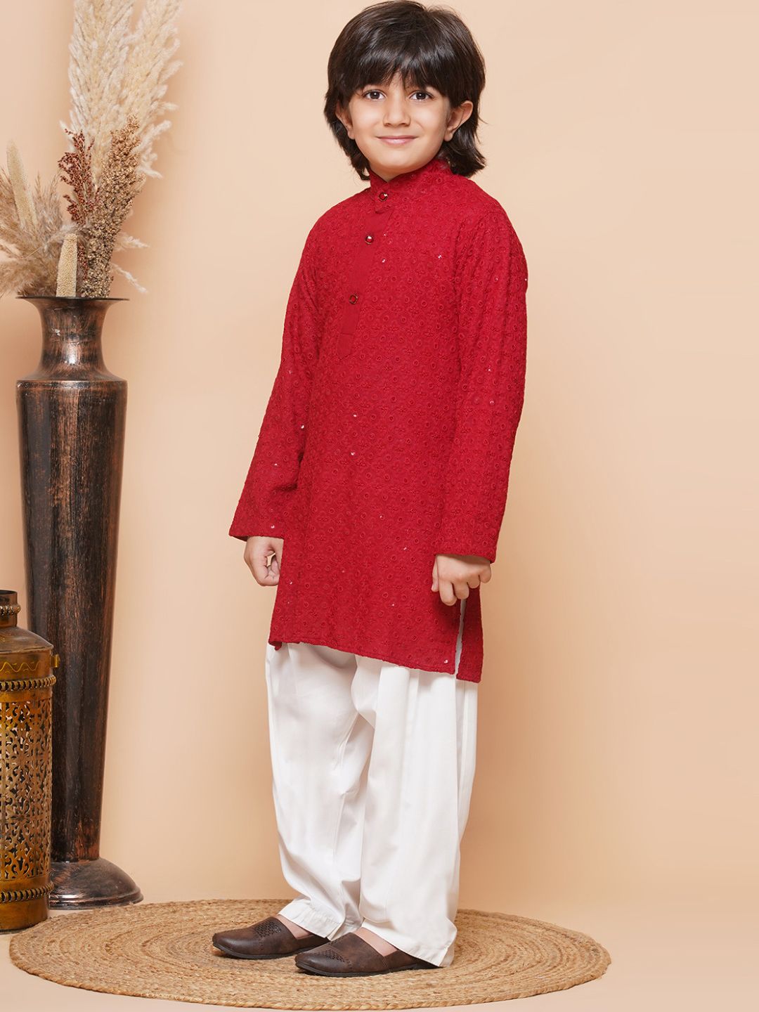 Red Sequence Embroidery Cotton Blend Kurta Pyjama With Multicolor Dupatta Set For Boys