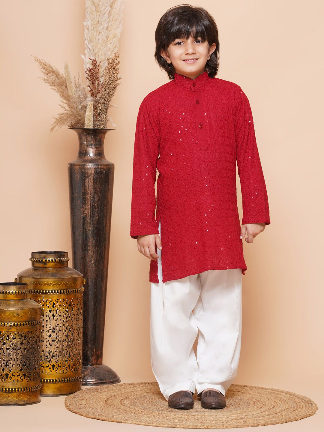 Red Sequence Embroidery Cotton Blend Kurta Pyjama With Multicolor Dupatta Set For Boys