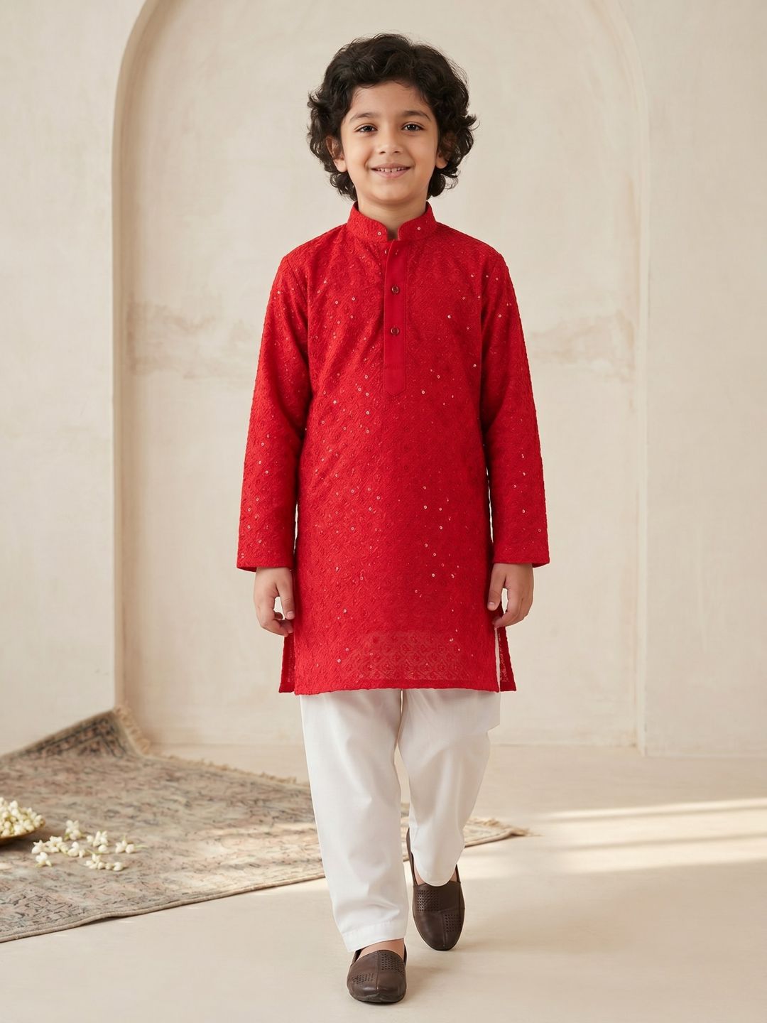 Kids Boys Red Embroidered Schiffli Kurta Pyjama Set - AJ Dezines