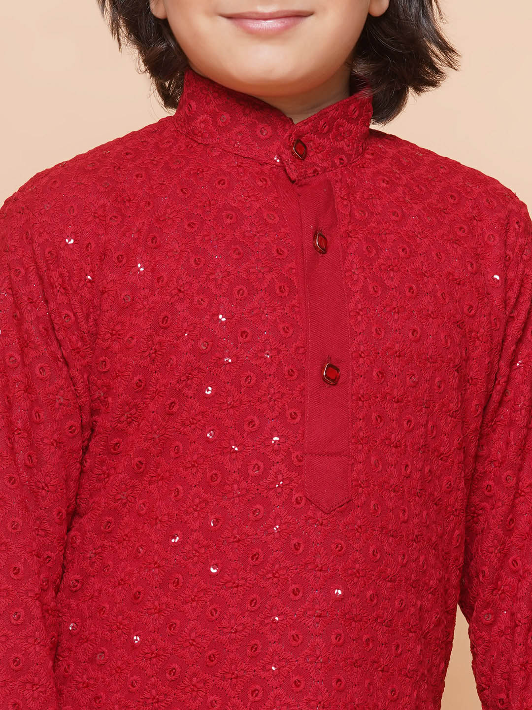 Kids Boys Red Embroidered Schiffli Kurta Pyjama Set - AJ Dezines