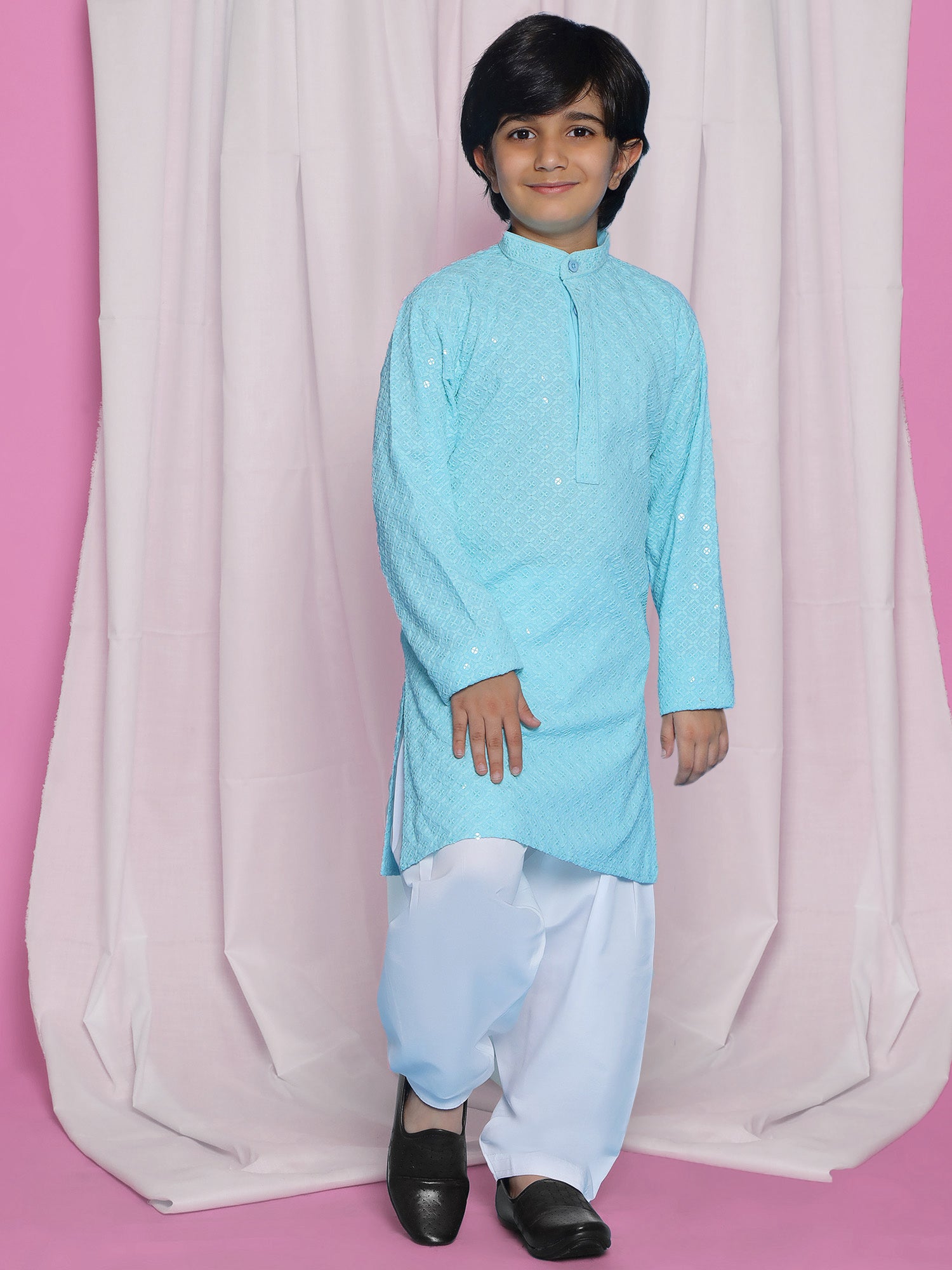 Sky Blue Schiffli Full Sleeves Embroidered Kurta Pyjama Set For Boys - AJ Dezines