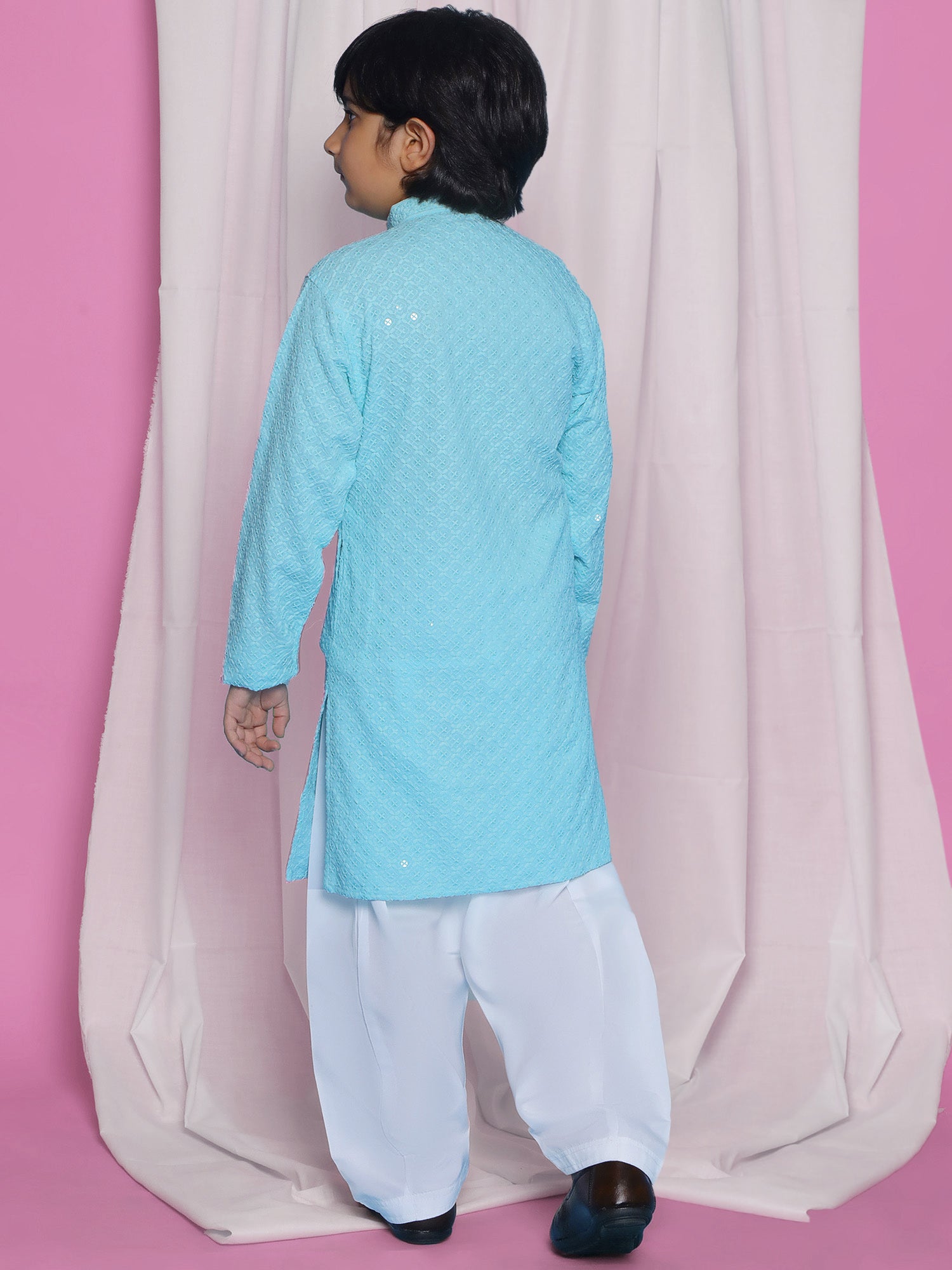 Sky Blue Schiffli Full Sleeves Embroidered Kurta Pyjama Set For Boys - AJ Dezines