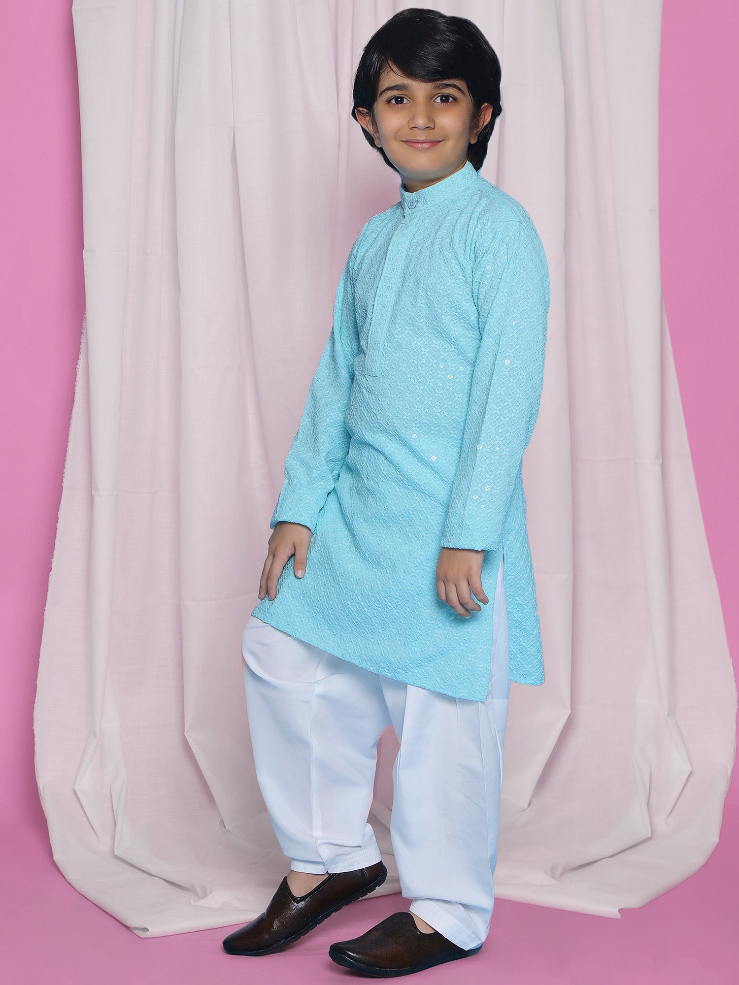 Sky Blue Schiffli Full Sleeves Embroidered Kurta Pyjama Set For Boys - AJ Dezines