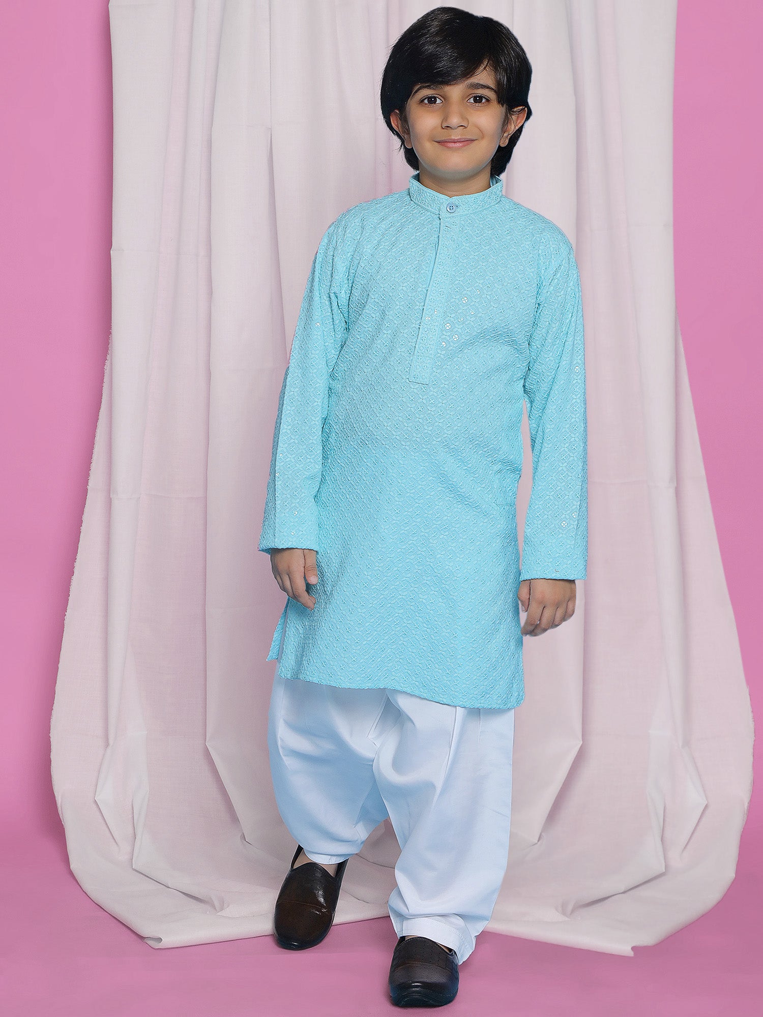 Sky Blue Schiffli Full Sleeves Embroidered Kurta Pyjama Set For Boys - AJ Dezines