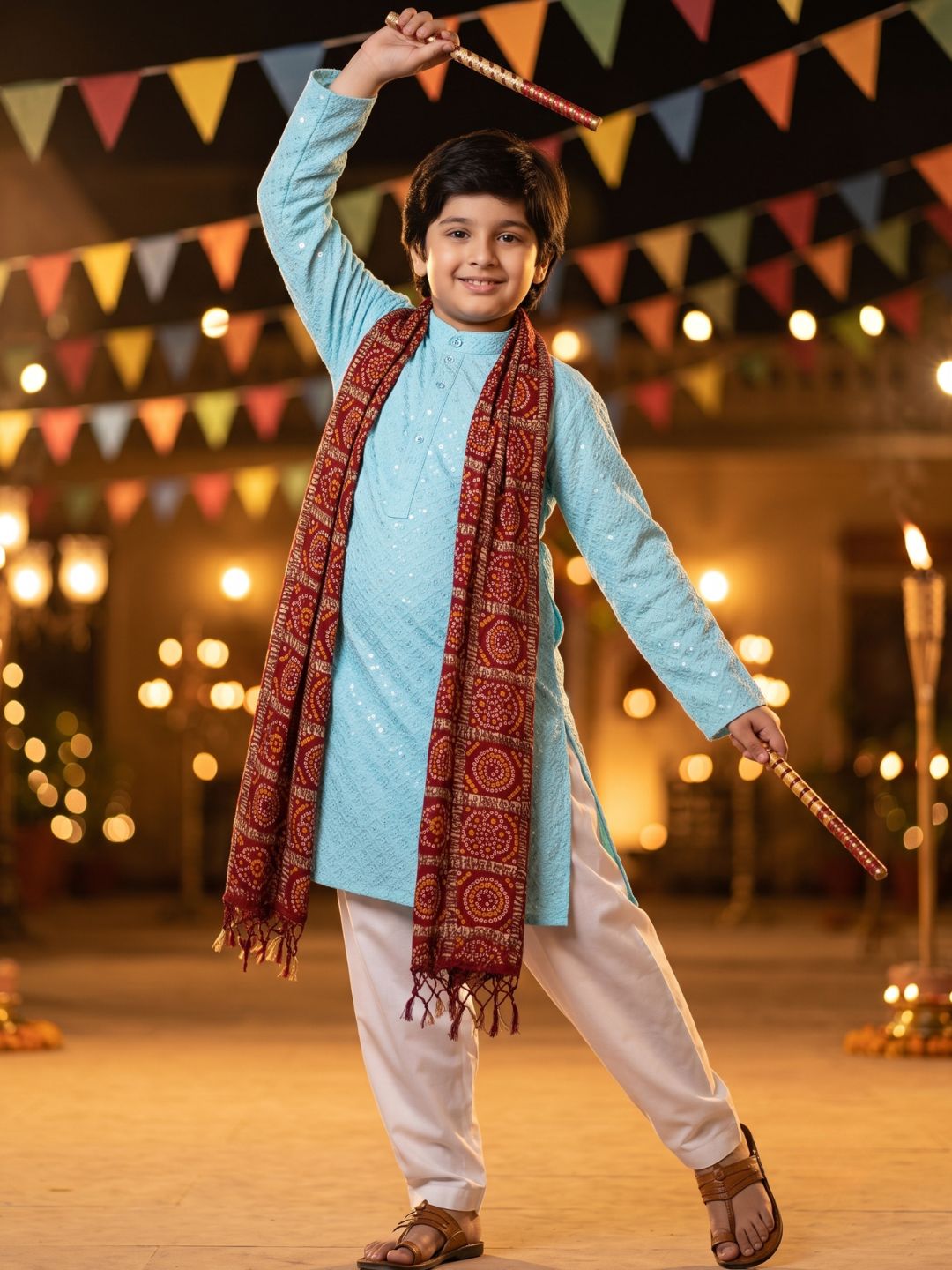 Sky Blue Sequence Embroidery Cotton Blend Kurta Pyjama With Red Dupatta Set For Boys