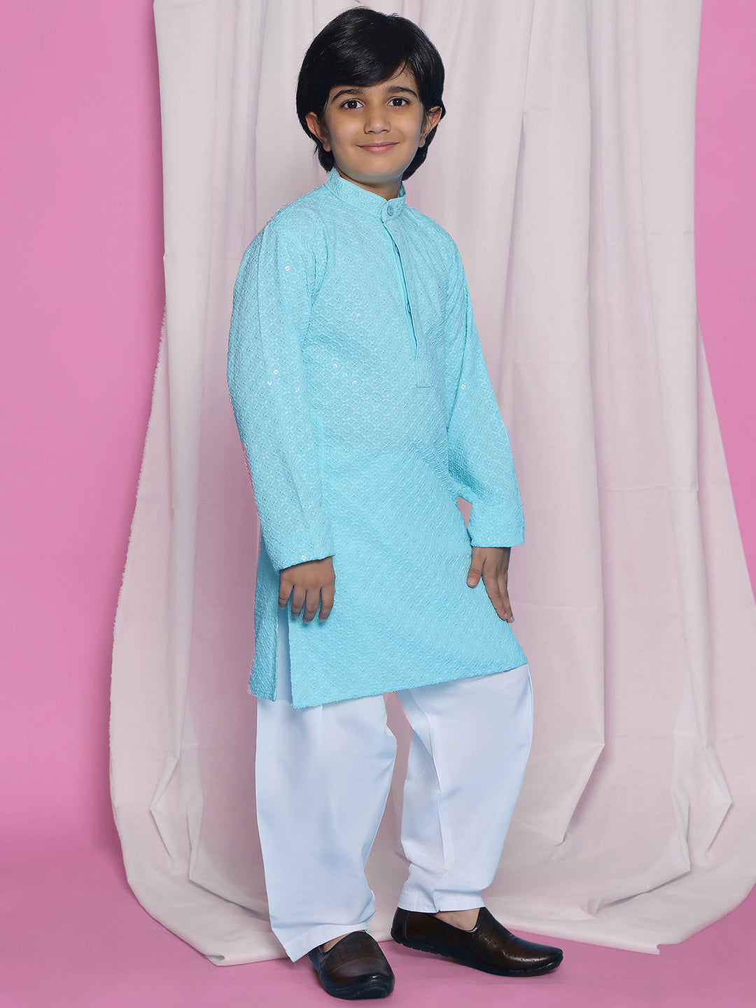 Sky Blue Sequence Embroidery Cotton Blend Kurta Pyjama With Red Dupatta Set For Boys