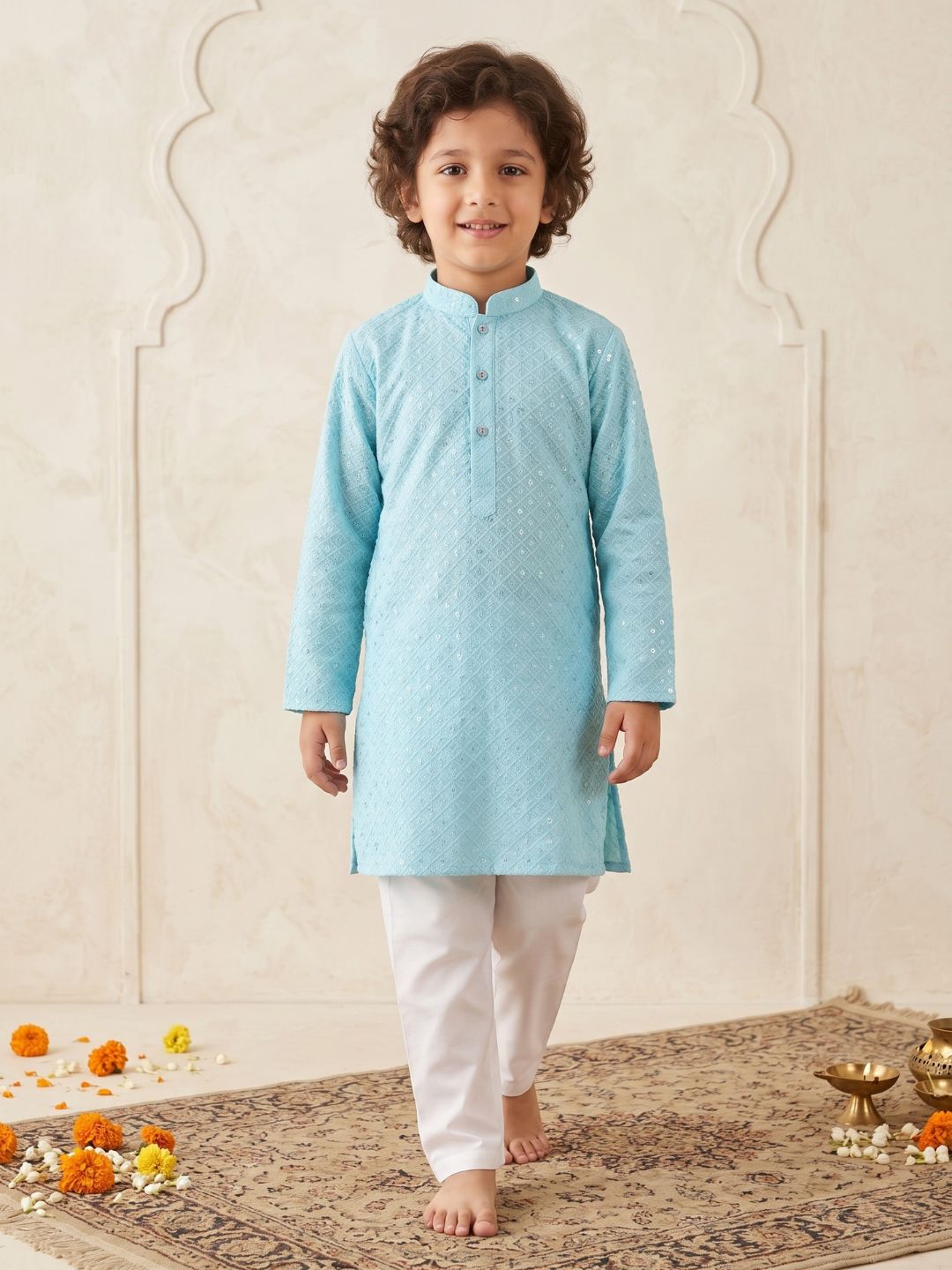 Sky Blue Schiffli Full Sleeves Embroidered Kurta Pyjama Set For Boys - AJ Dezines