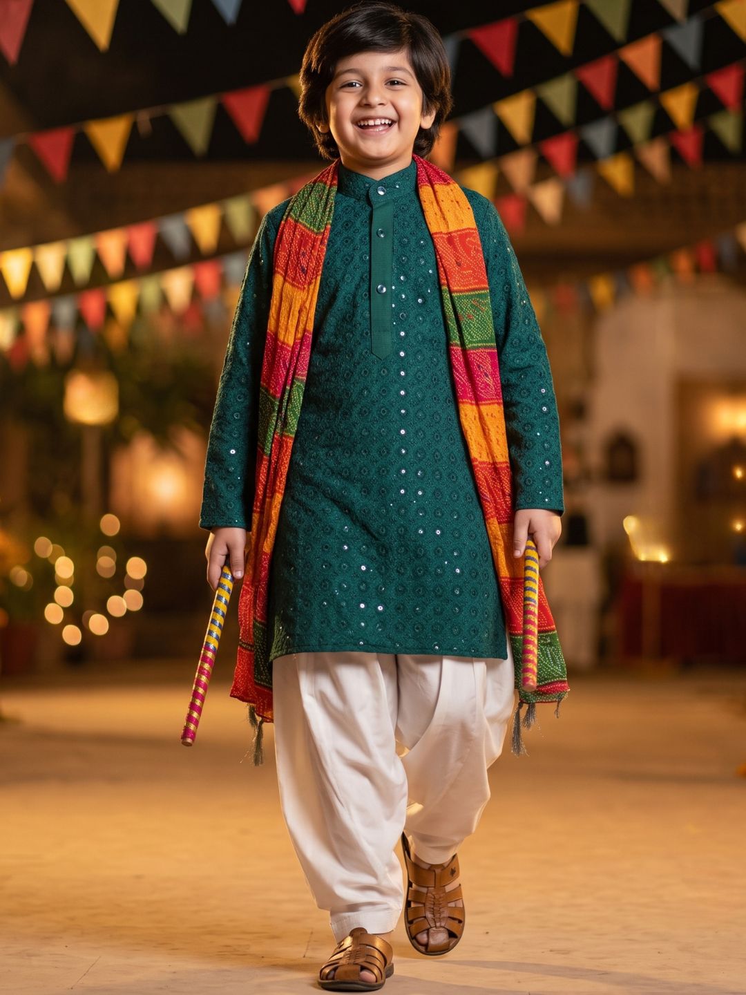Teal Green Sequence Embroidery Cotton Blend Kurta Pyjama With Multicolor Dupatta Set For Boys