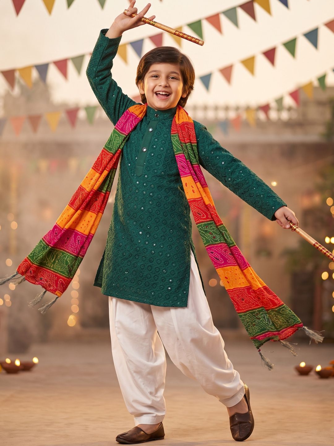 Teal Green Sequence Embroidery Cotton Blend Kurta Pyjama With Multicolor Dupatta Set For Boys